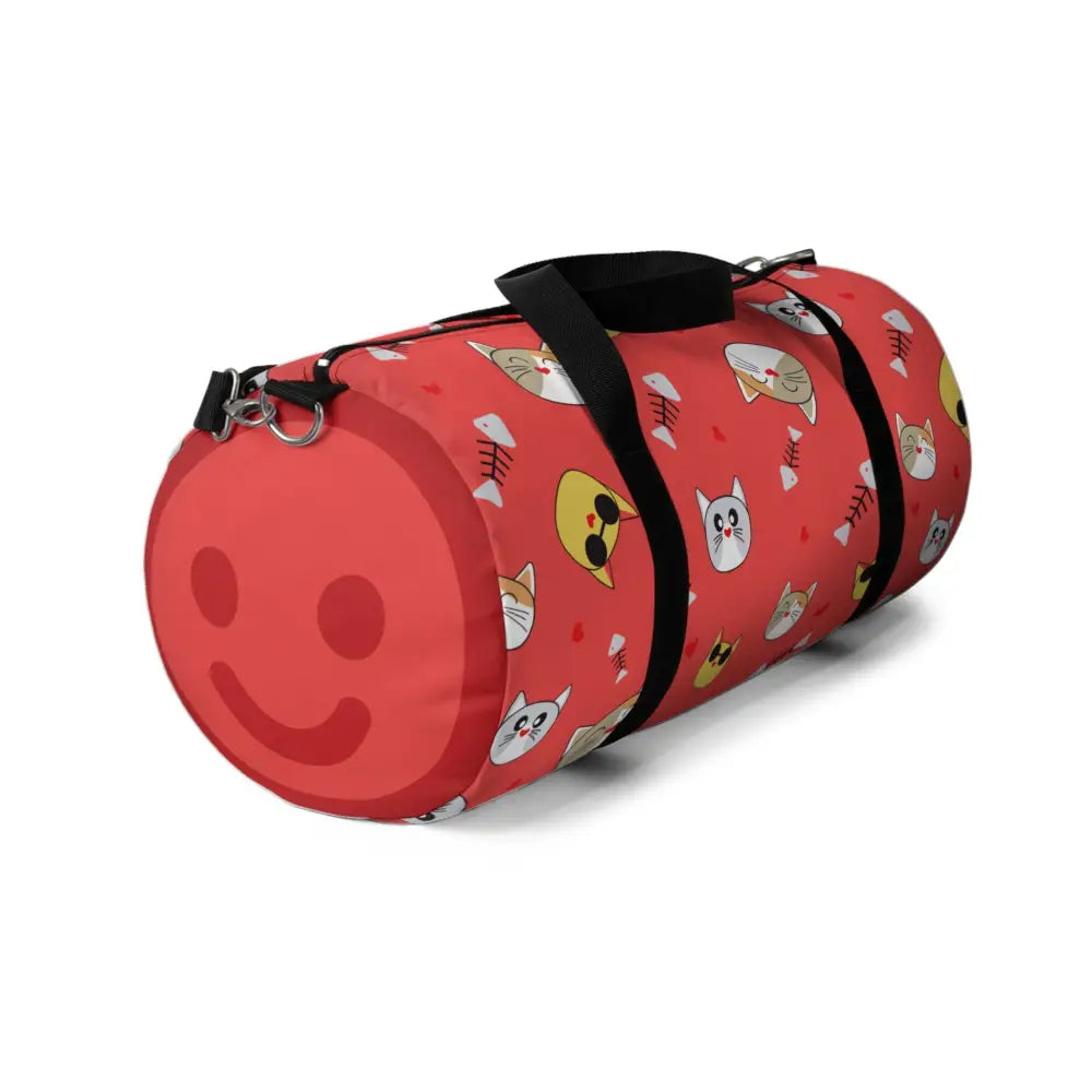 Red duffel bag with cat and fishbone pattern, perfect pet travel companion for cat lovers