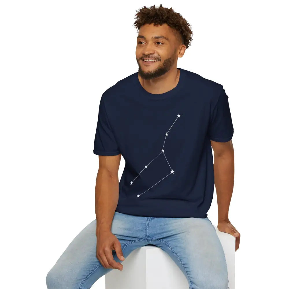 Dark blue unisex softstyle T-shirt with white constellation graphic, ideal for cosmic vibe outfits