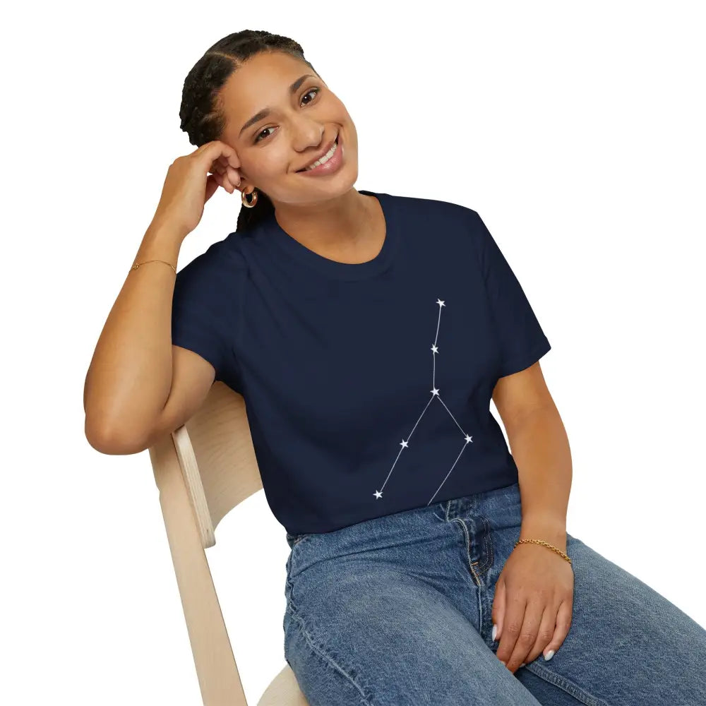 Woman wearing navy blue unisex softstyle constellation T-shirt with star sign graphic