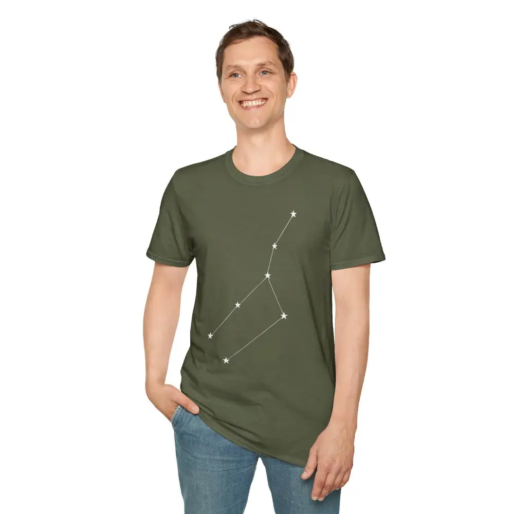 Smiling man wearing moss green unisex softstyle T-shirt with Big Dipper constellation graphic