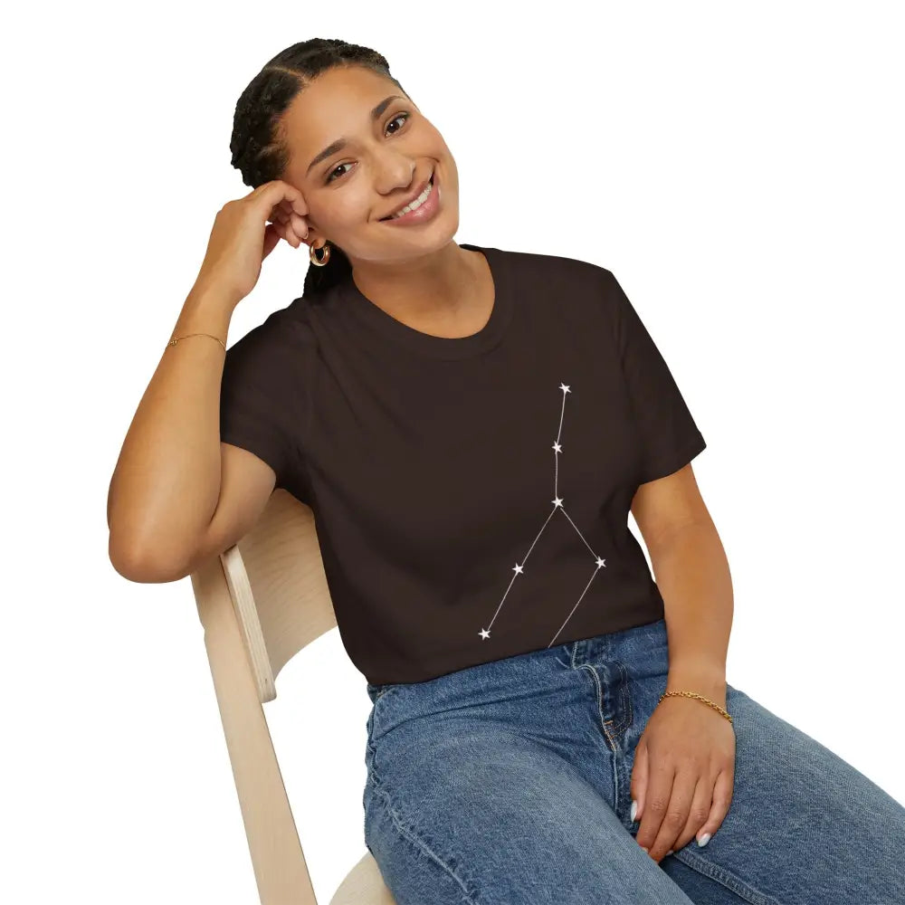 Woman wearing black unisex softstyle constellation astrology T-shirt with star sign design