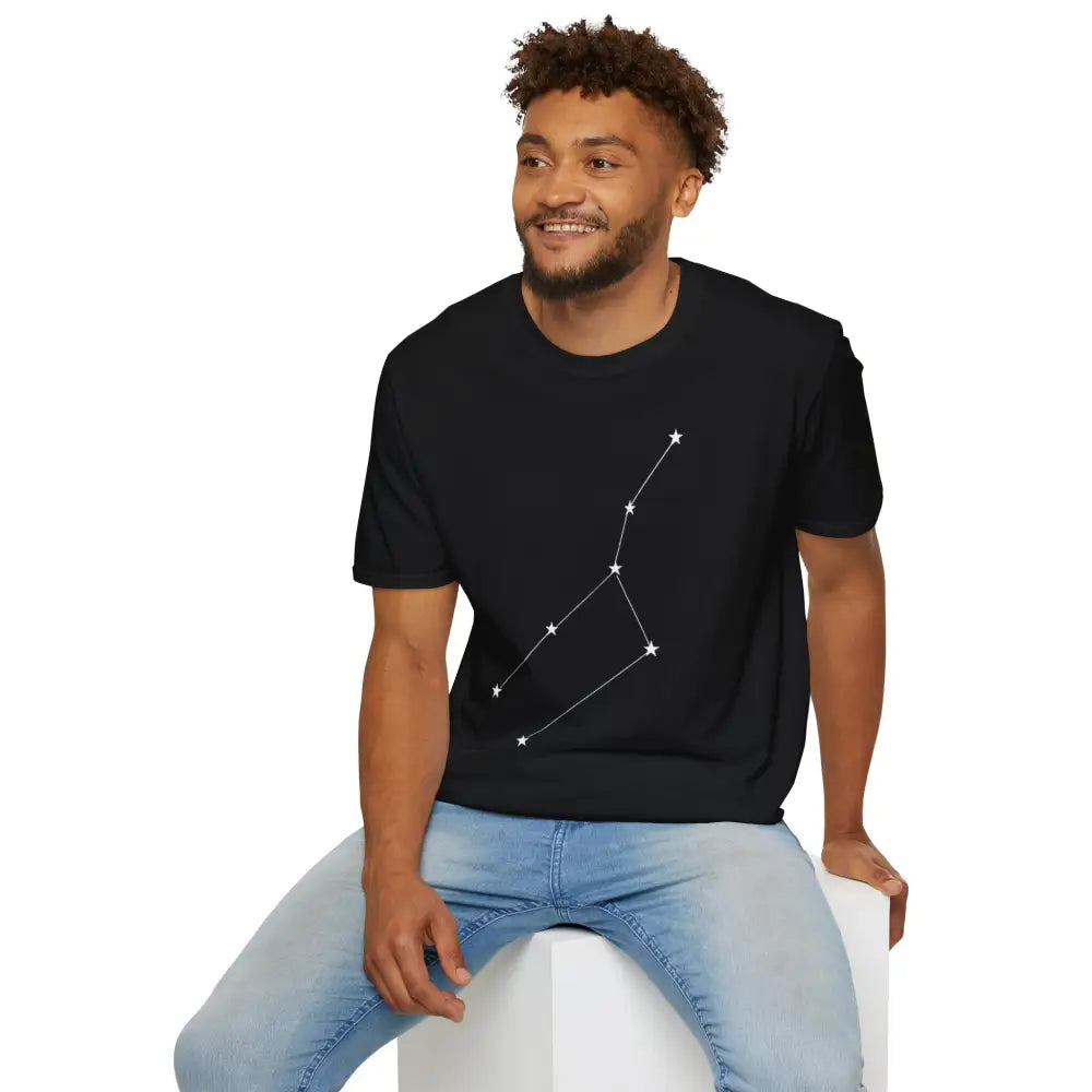 Black unisex softstyle T-shirt with white constellation graphic, ideal for astrology lovers
