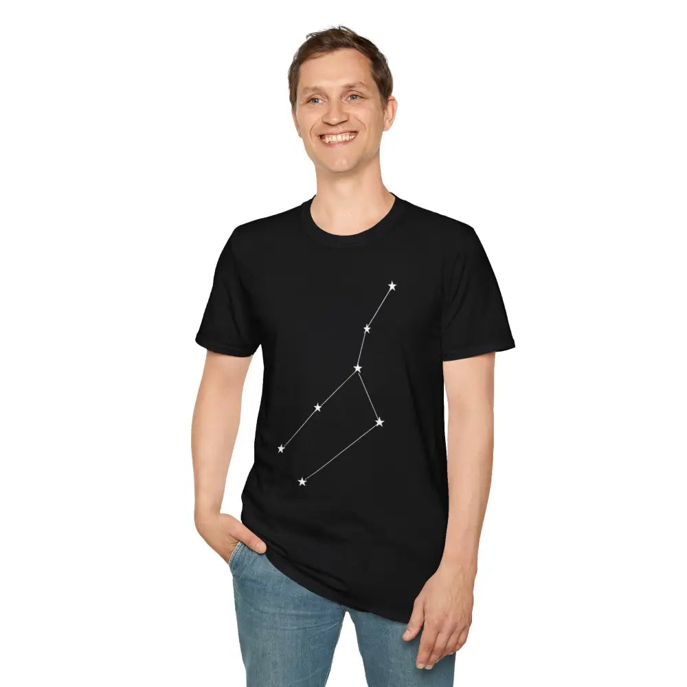 Man wearing unisex softstyle black T-shirt with white constellation graphic, ideal for astrology lovers