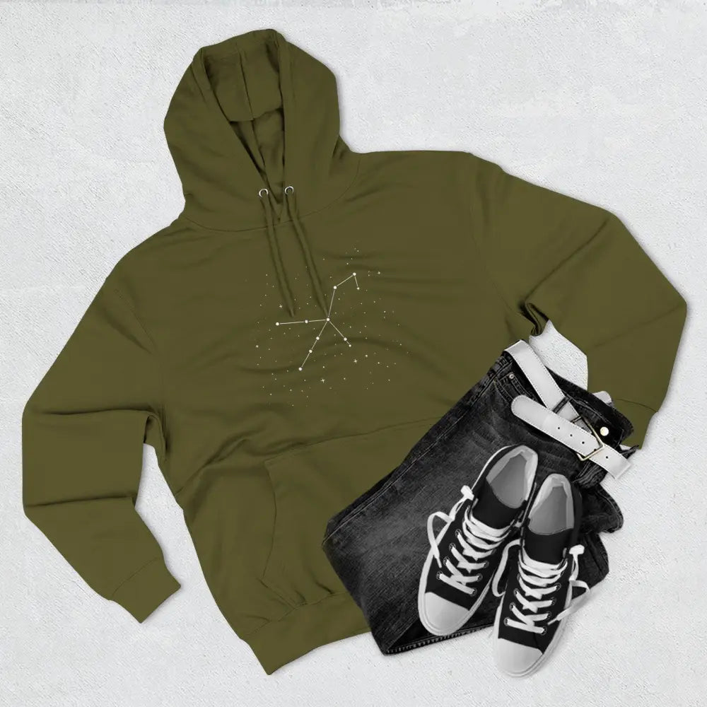 Olive green cozy fleece hoodie with constellation graphic, adjustable hood, and spacious kangaroo pocket