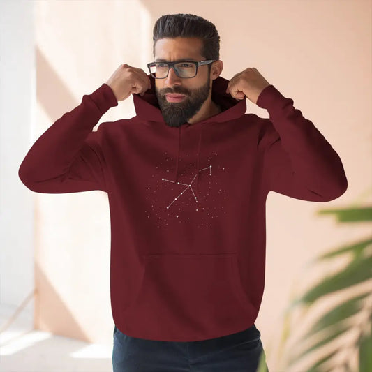 Men’s maroon cozy fleece hoodie with constellation design and adjustable hood