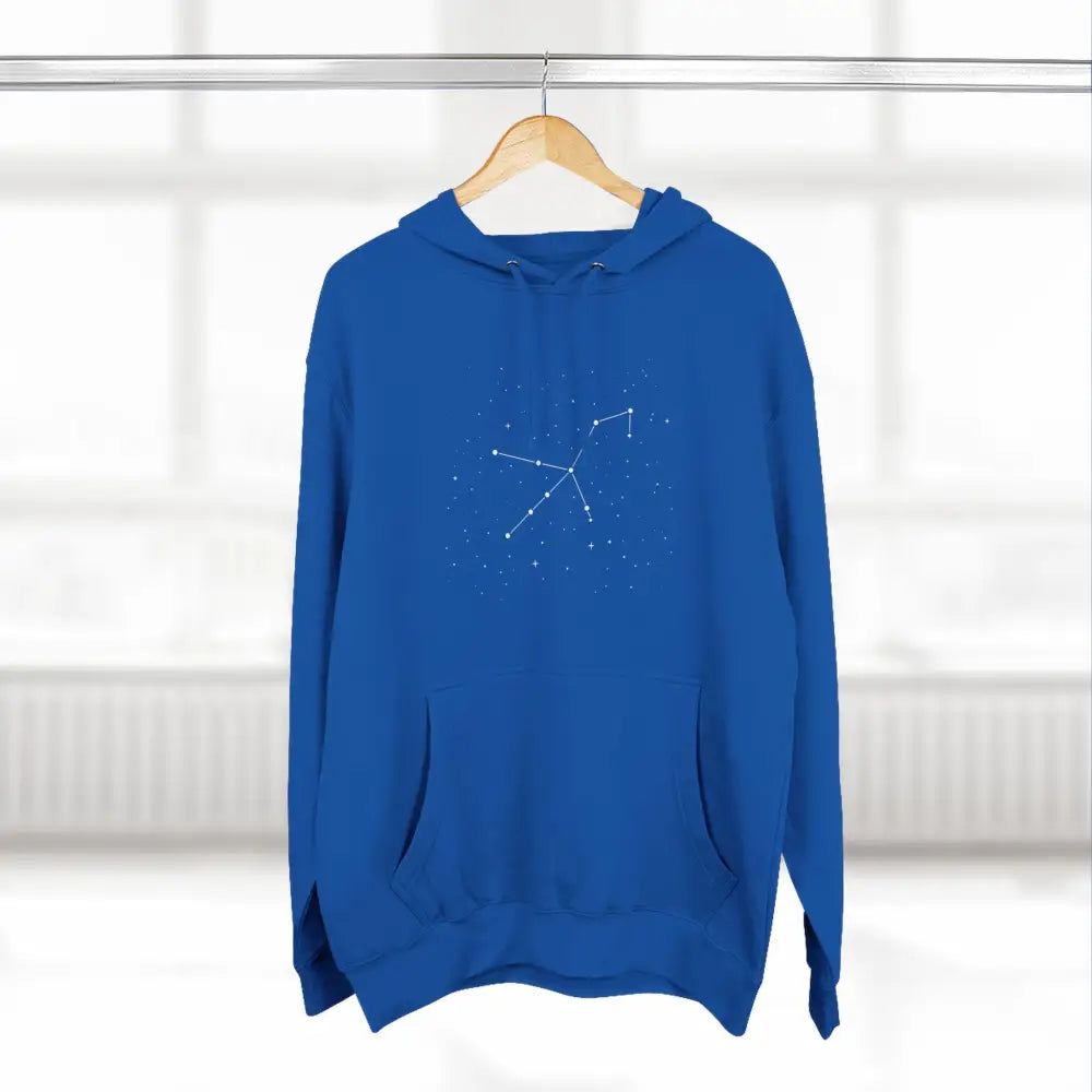 Royal blue cozy fleece hoodie with constellation graphic, adjustable hood, and spacious kangaroo pocket