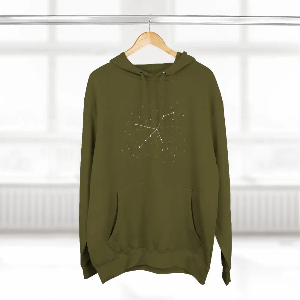 Olive green cozy fleece hoodie with white constellation graphic, adjustable hood, and spacious kangaroo pocket