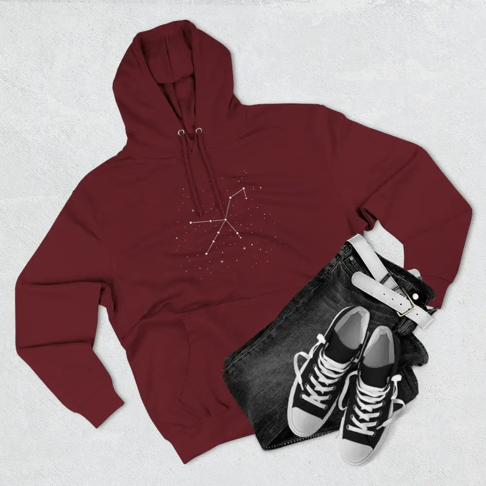Maroon cozy fleece hoodie with constellation design, adjustable hood, and spacious kangaroo pocket