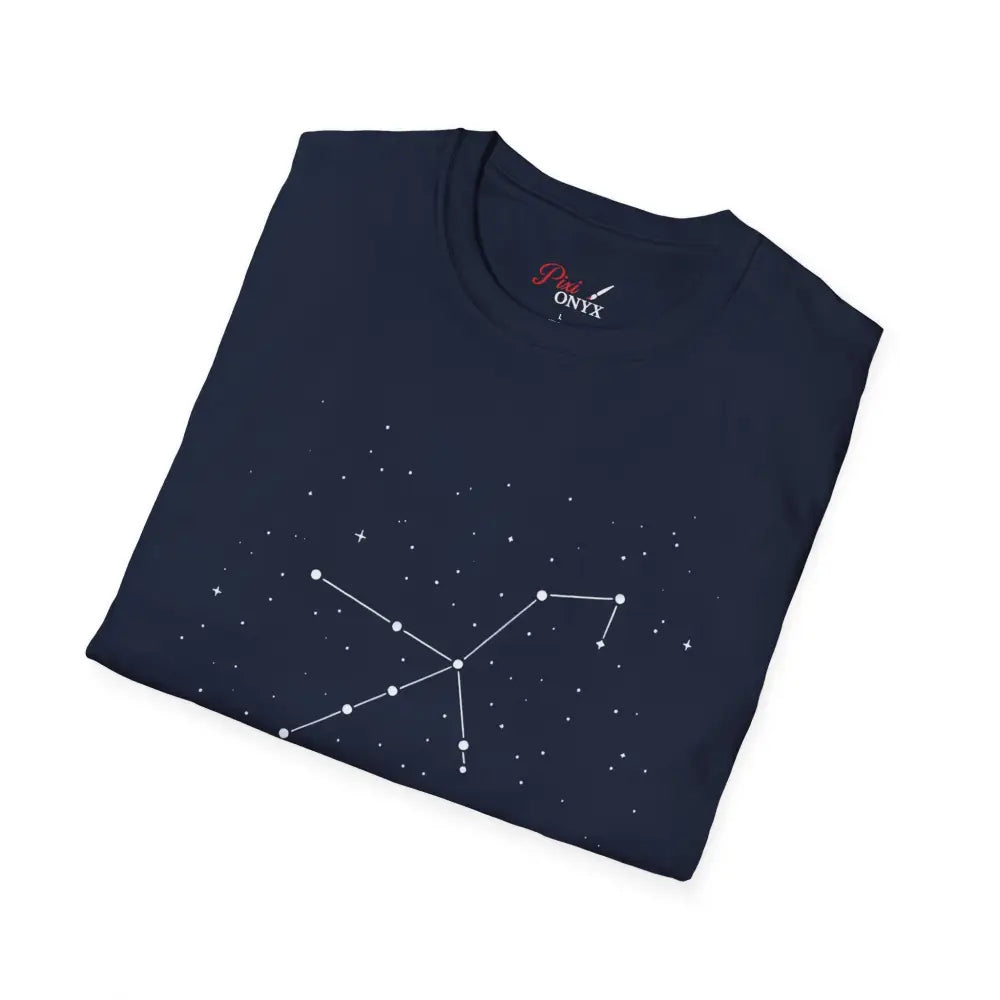 Dark blue star lover tee featuring a stunning celestial Orion constellation graphic