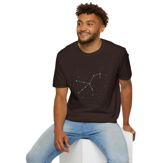 Smiling man wearing celestial Orion constellation star lover tee with stunning constellation design
