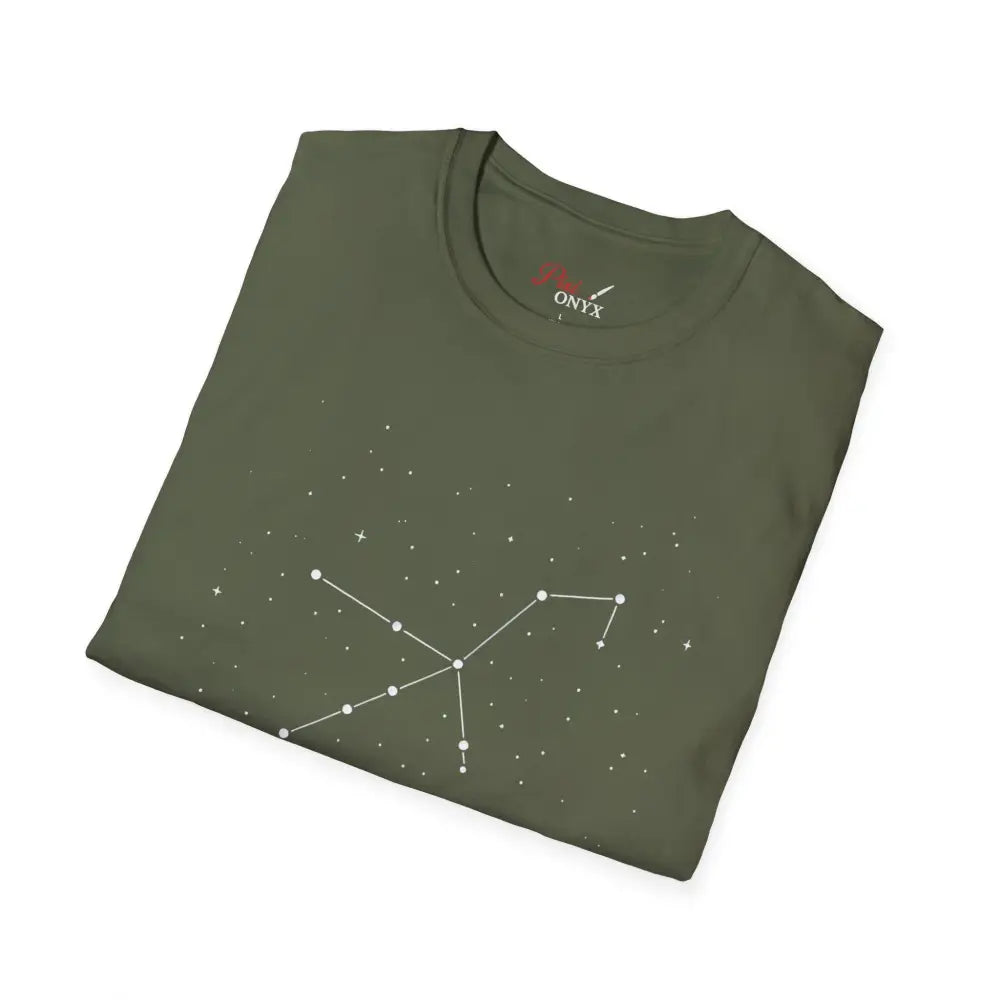 Olive green unisex t-shirt with stunning constellation design of Celestial Orion constellation for star lovers