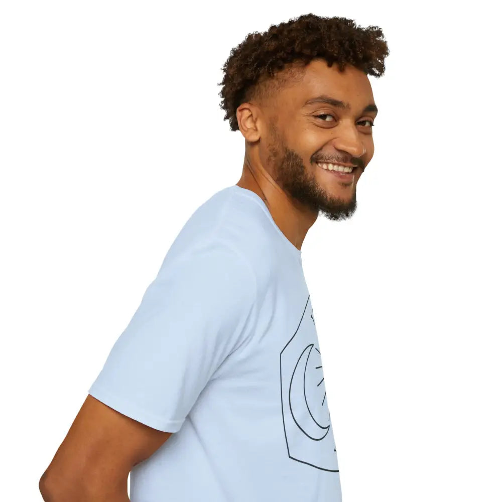 Light blue Celestial Sun and Moon unisex T-shirt with black line art, ideal for astrology lovers