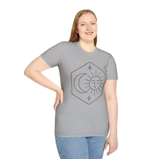 Gray celestial sun and moon graphic T-shirt with low heat care instructions and tumble dry safe