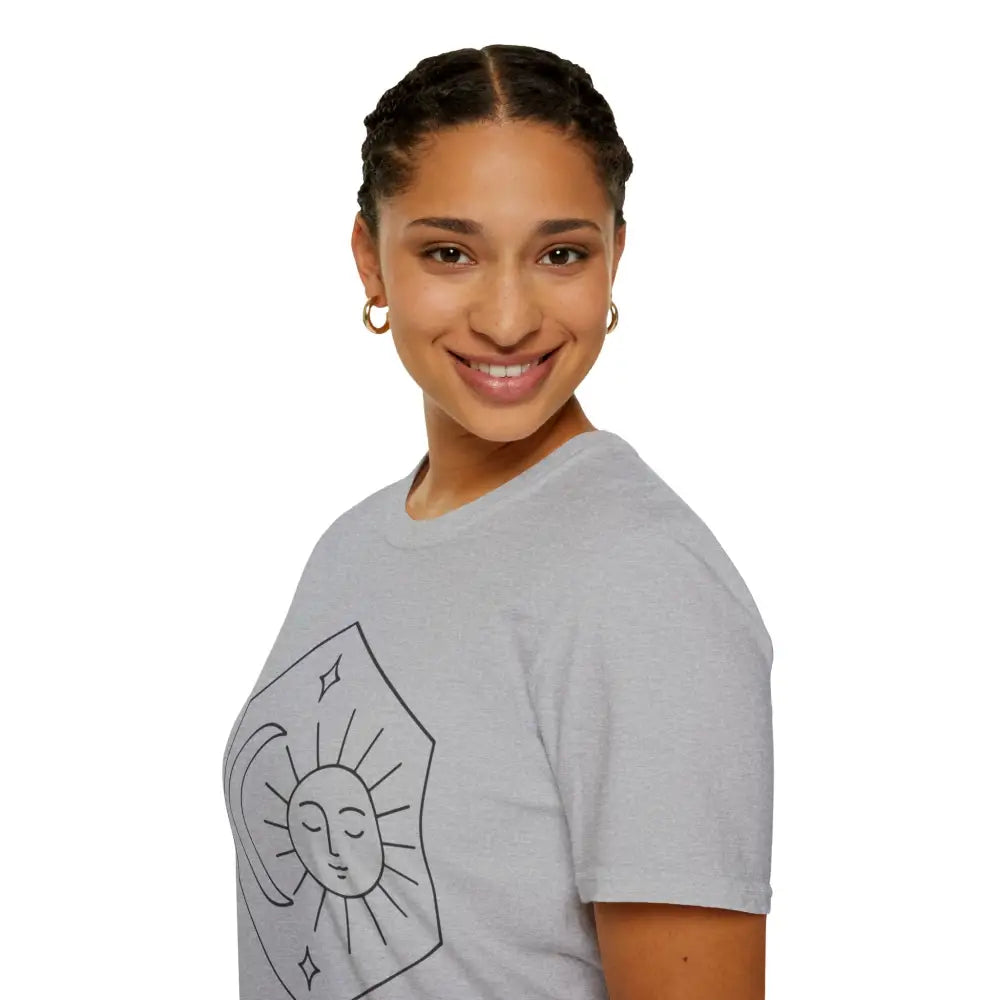 Woman with braided hair and hoop earrings smiling in Celestial Sun and Moon T-Shirt