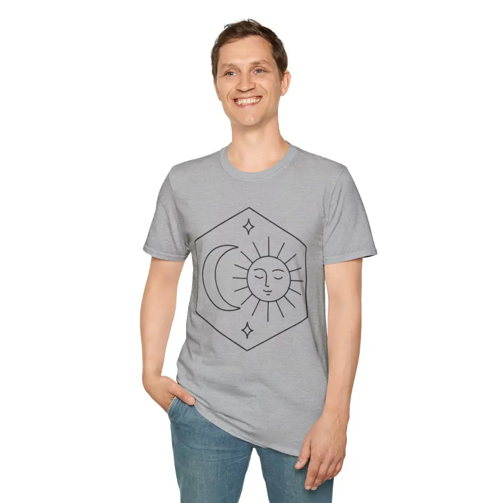 Man wearing Celestial Sun and Moon Unisex T-Shirt with low heat care instructions