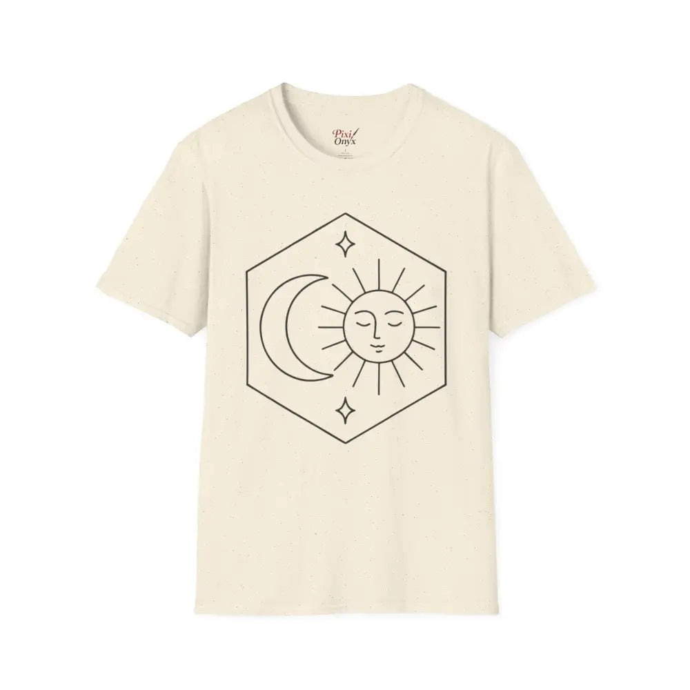 Cream-colored unisex T-shirt with celestial sun and moon line art, easy care, low heat