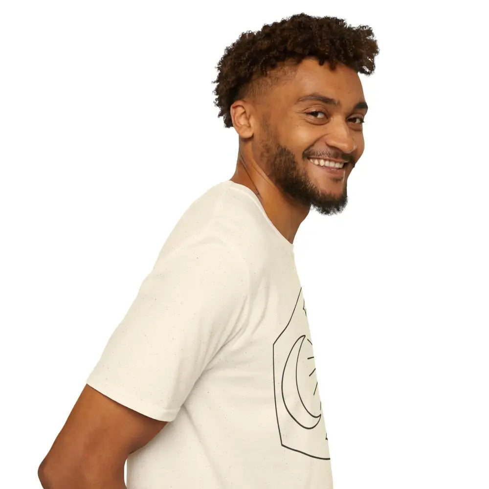 Man wearing Celestial Sun and Moon Unisex T-Shirt with black line-art design, low heat care