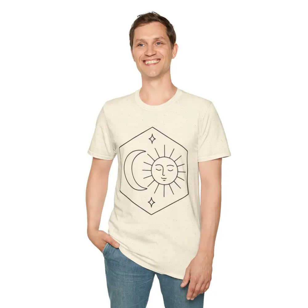 Man wearing cream Celestial Sun and Moon unisex T-shirt with sun and moon graphic