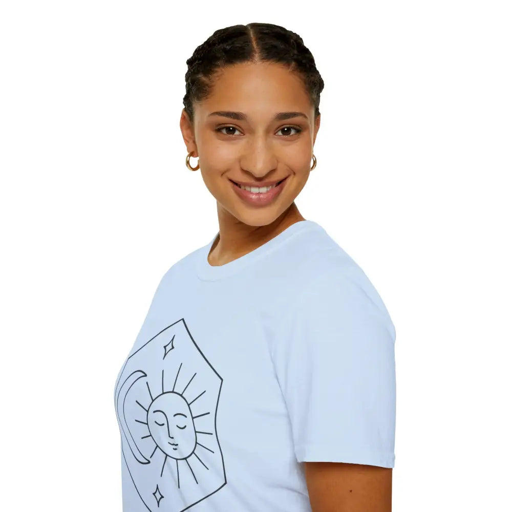 Smiling woman with braided hair wearing Celestial Sun and Moon unisex T-shirt, astrology fashion