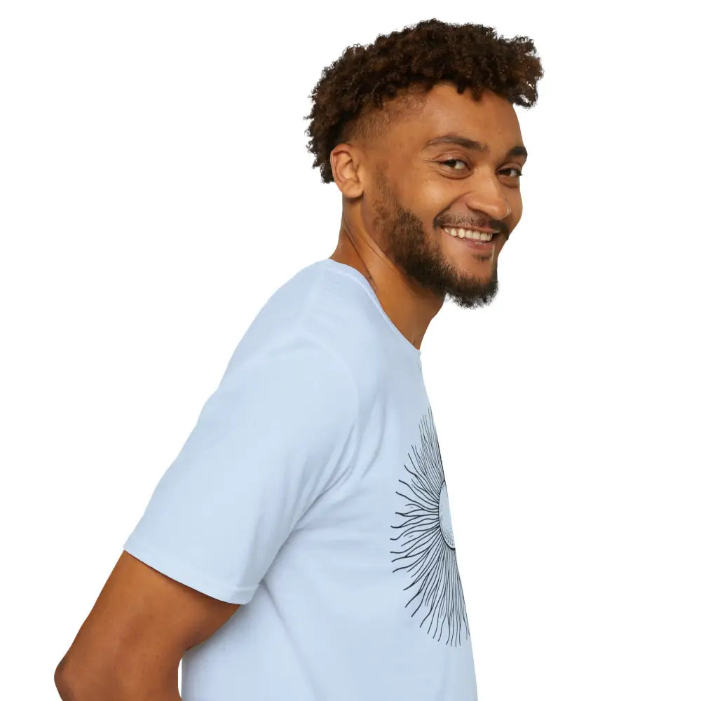 Light blue unisex softstyle t-shirt with dark abstract sun design and ribbed collar retains style