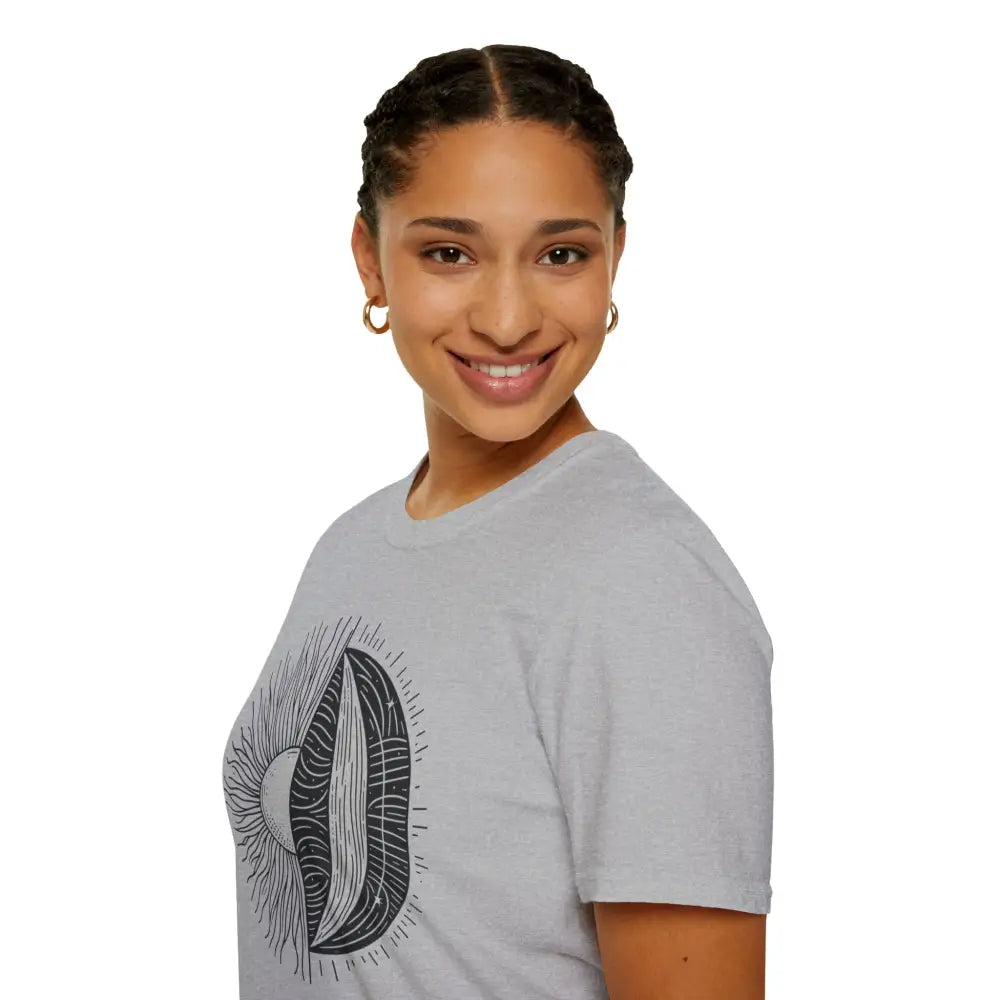 Woman wearing a unisex softstyle t-shirt with a black abstract design and seamless style