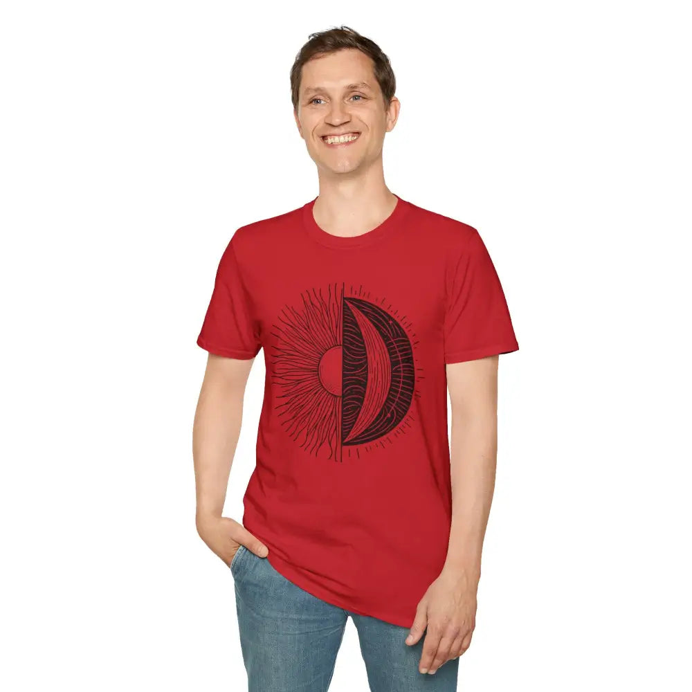 Smiling man wearing Celestial Sun Moon unisex softstyle t-shirt with graphic design