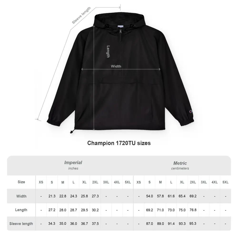 Black Champion 1720TU packable anorak jacket with size chart featuring flaming pumpkin design