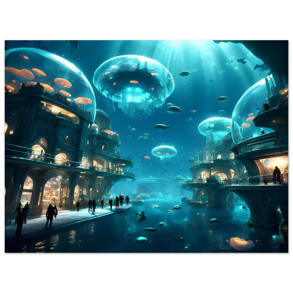 Underwater city with jellyfish domes in PixiOnyx Fine Art Print City of the Abyss Poster