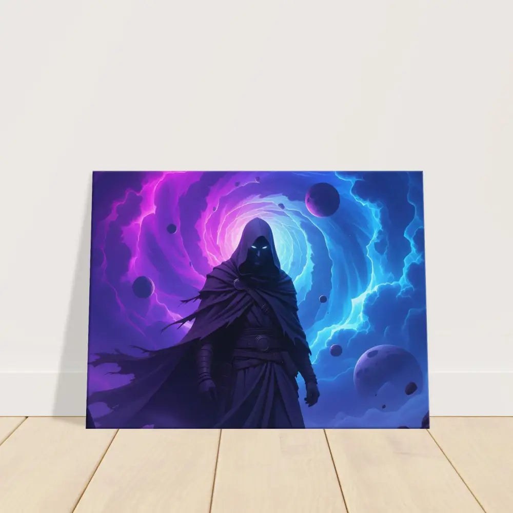 Cloaked figure in a cosmic vortex artwork titled Voidwalkers Gate at PixiOnyx Gallery Wrap