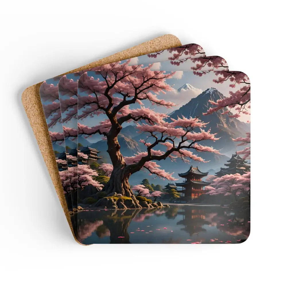 Stacked coasters featuring Japanese landscape art from PixiOnyx Temple Blossom Serenity collection
