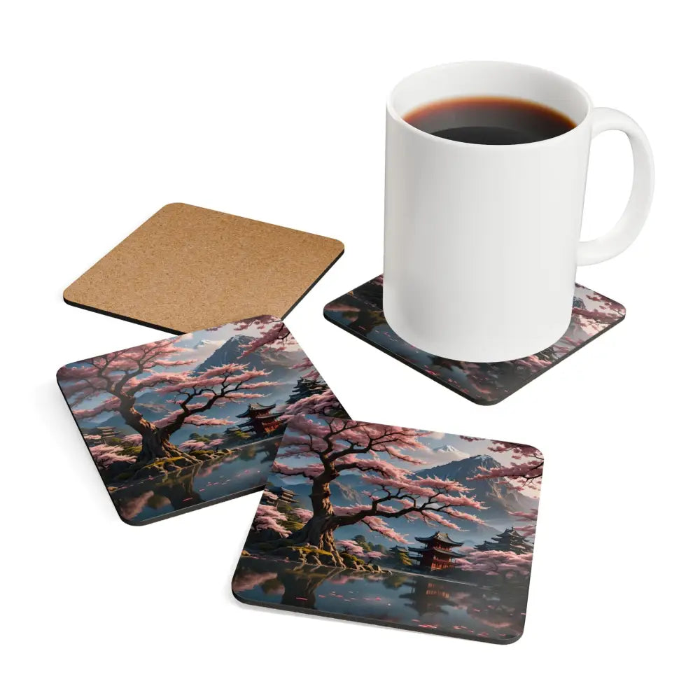 Coaster set featuring Japanese landscape design from PixiOnyx Temple Blossom Serenity series