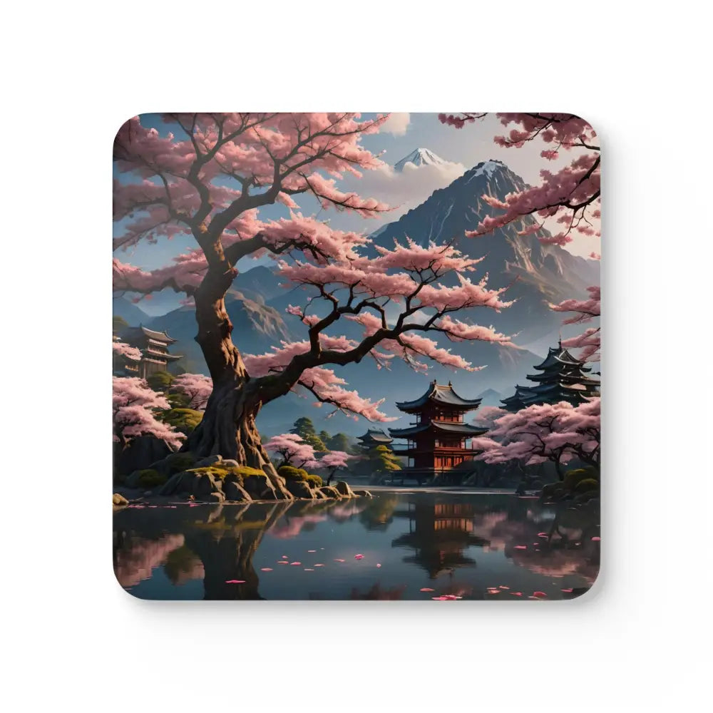 Square coaster featuring Japanese Cherry Blossom scene from PixiOnyx Temple Blossom Serenity set