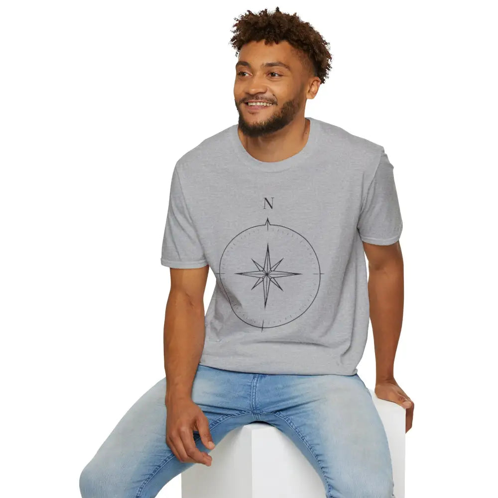 Light gray crew-neck T-shirt with black compass rose graphic made from ring-spun cotton for outdoor activities