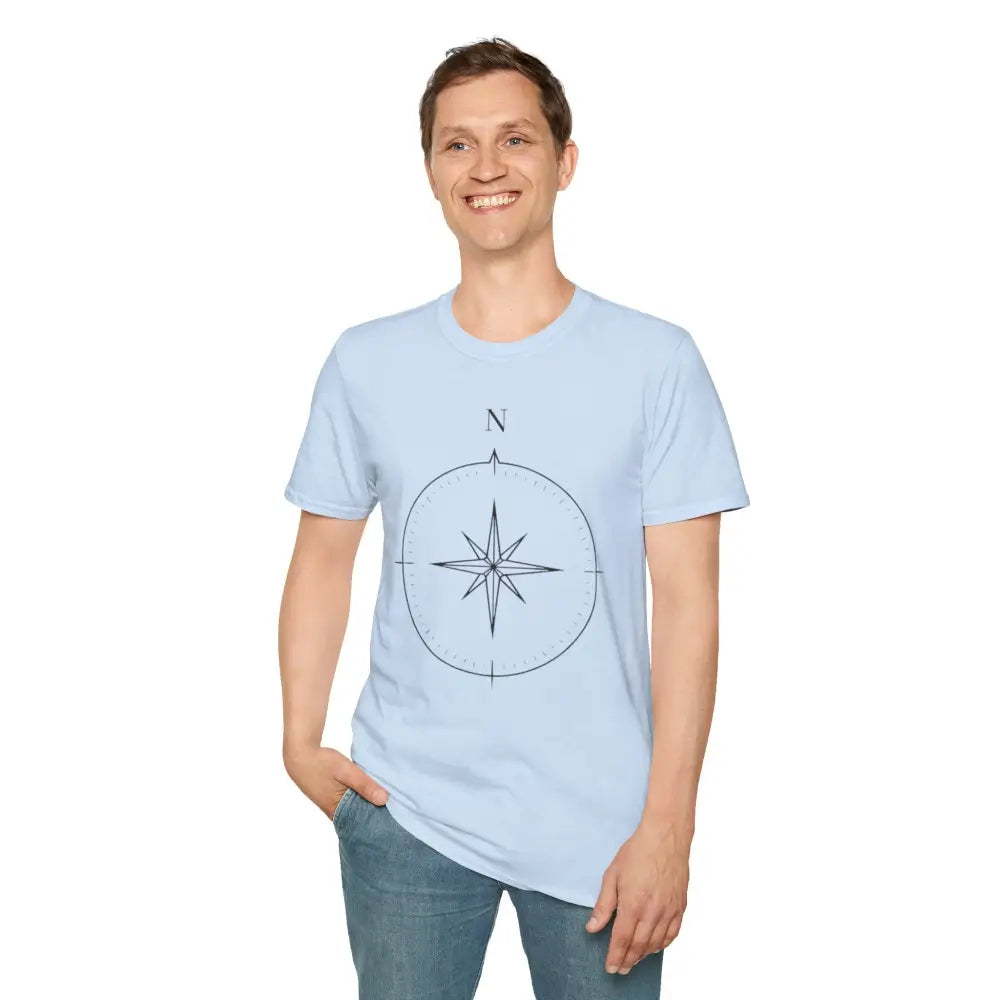 Light blue compass rose graphic unisex T-shirt made from ring-spun cotton for outdoor activities