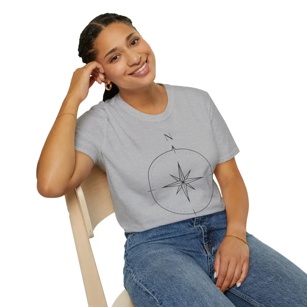 Light gray ring-spun cotton crewneck t-shirt with compass rose graphic for outdoor activities