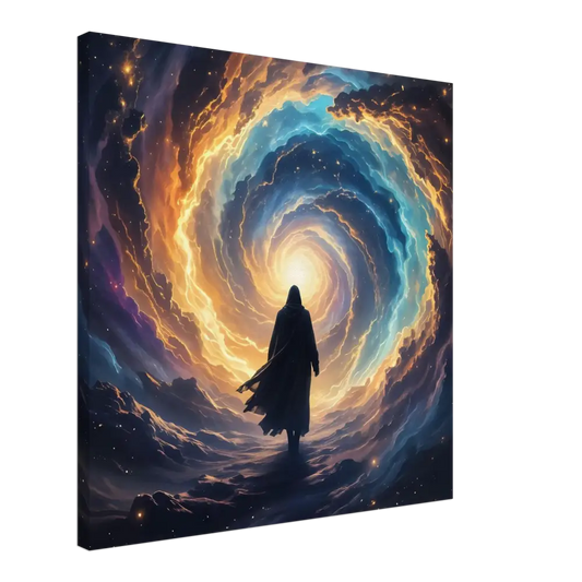 A square cosmic ascension canvas print featuring a robed silhouette with vibrant ethereal galaxy nebulae wall art by pixionyx