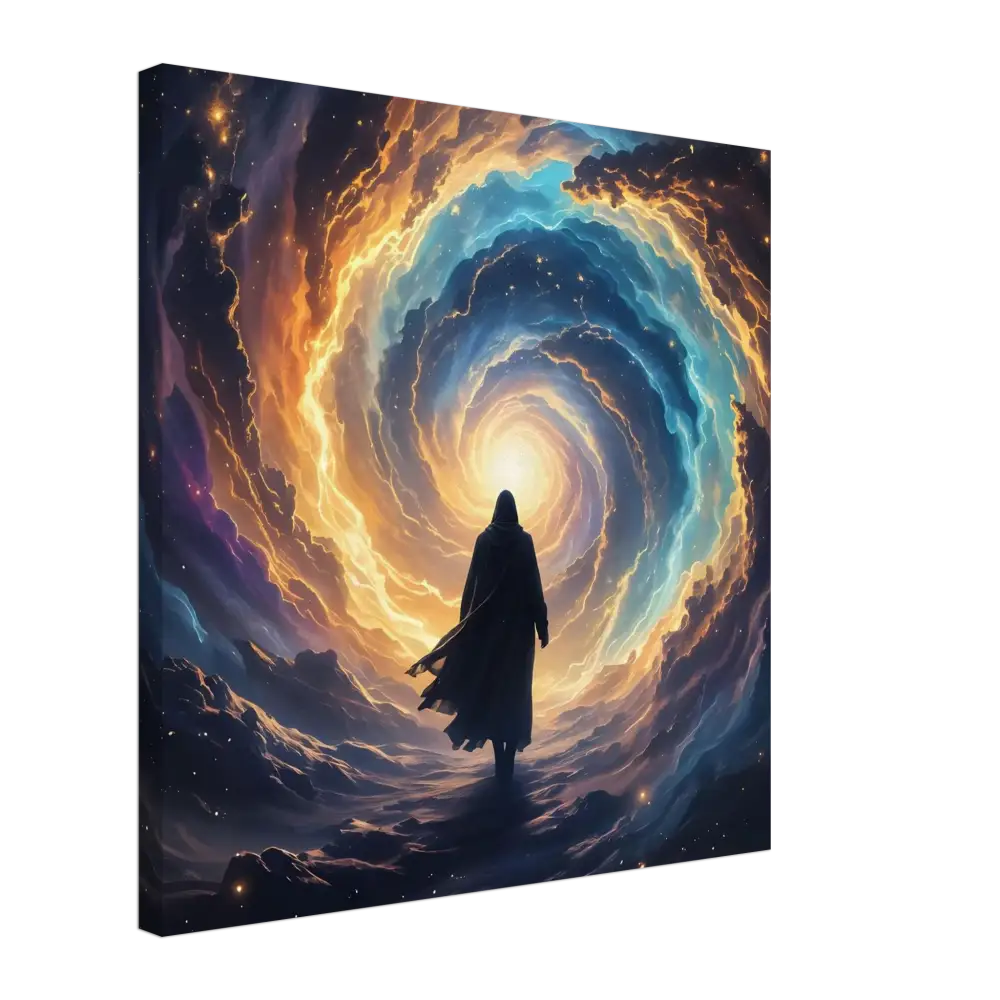 A square cosmic ascension canvas print featuring a robed silhouette before an ethereal galaxy vortex with orange and blue hues