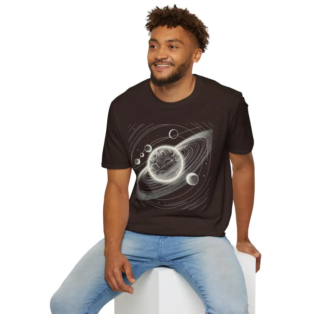 Unisex softstyle t-shirt with mesmerizing cosmic design and celestial graphic, eco-friendly fabric