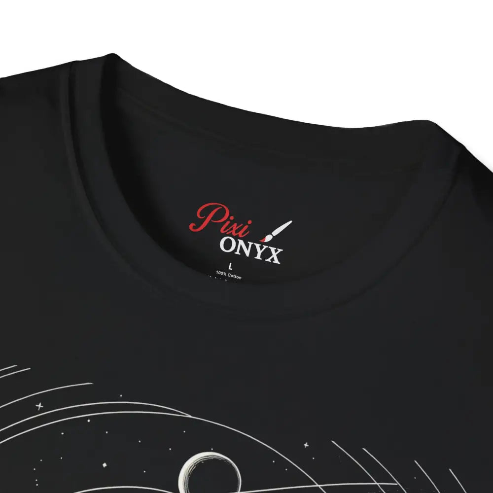 Black unisex softstyle t-shirt with mesmerizing cosmic design and celestial graphic