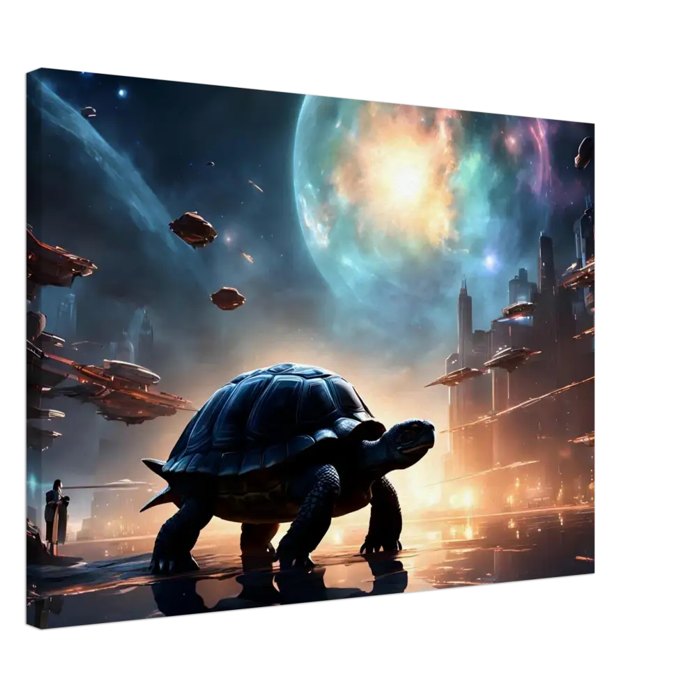 Futuristic turtle in a cityscape on Cosmic Voyager Canvas PixiOnyx Dreamcore Wall Art