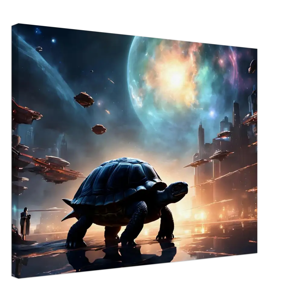 Futuristic turtle artwork on Cosmic Voyager Canvas Shell of the Stars Wall Art