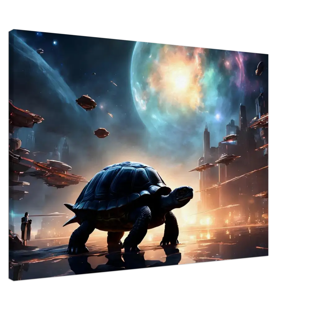 Sci-fi turtle cosmic wall art on Cosmic Voyager Canvas by PixiOnyx Dreamcore