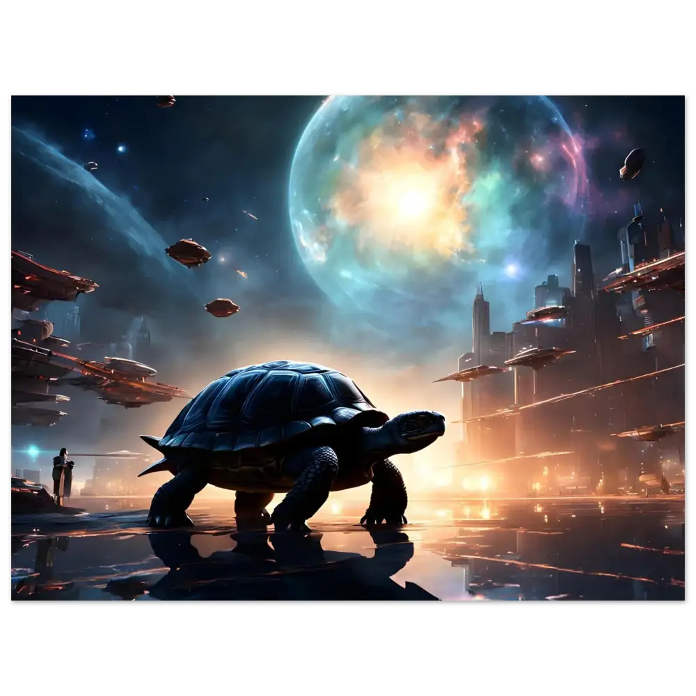 Futuristic turtle cityscape on Cosmic Voyager Poster – Galactic Serenity PixiOnyx Fine Art Print