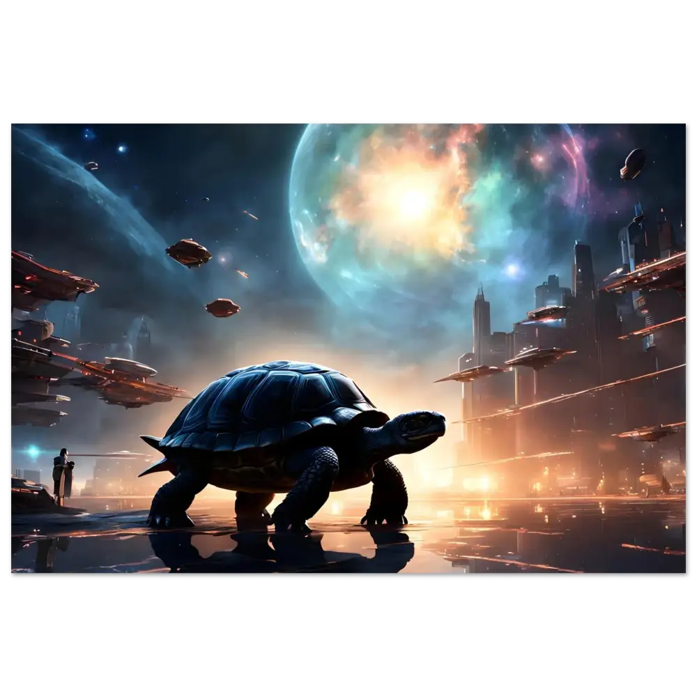Sci-fi turtle cosmic voyager poster featuring a Galactic Serenity PixiOnyx Fine Art Print