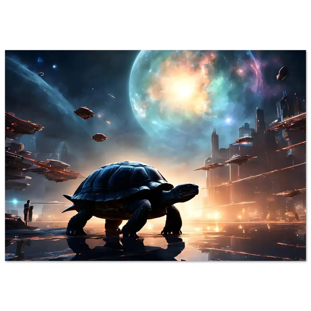 Futuristic turtle in a cityscape for Cosmic Voyager Poster Galactic Serenity PixiOnyx Fine Art Print