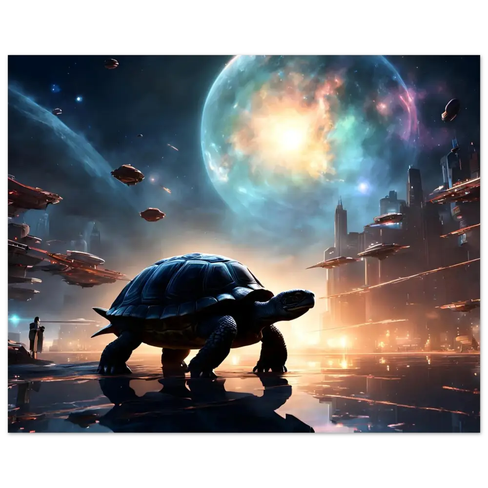 Futuristic tortoise on Cosmic Voyager Poster Galactic Serenity PixiOnyx Fine Art Print