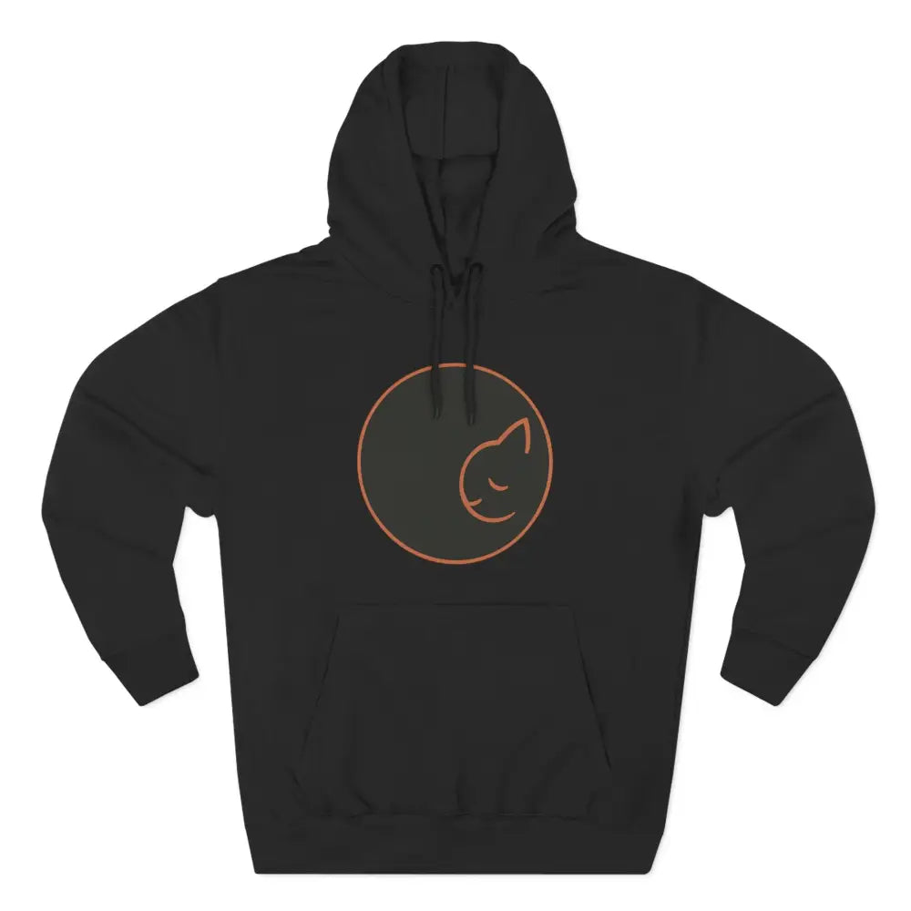 Black fleece hoodie with minimalist orange sleeping cat outline, soft fabric, cozy wear