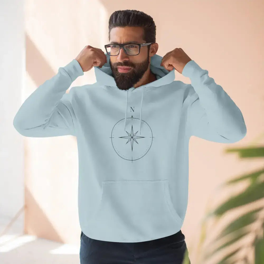 Cozy compass unisex three-panel fleece hoodie pullover with compass rose design for adventurers