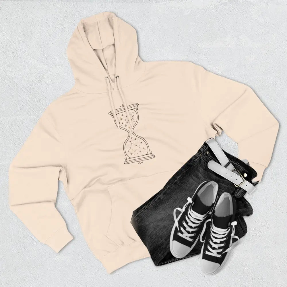 Light peach fleece hoodie with hourglass design, ideal for all seasons and easy care