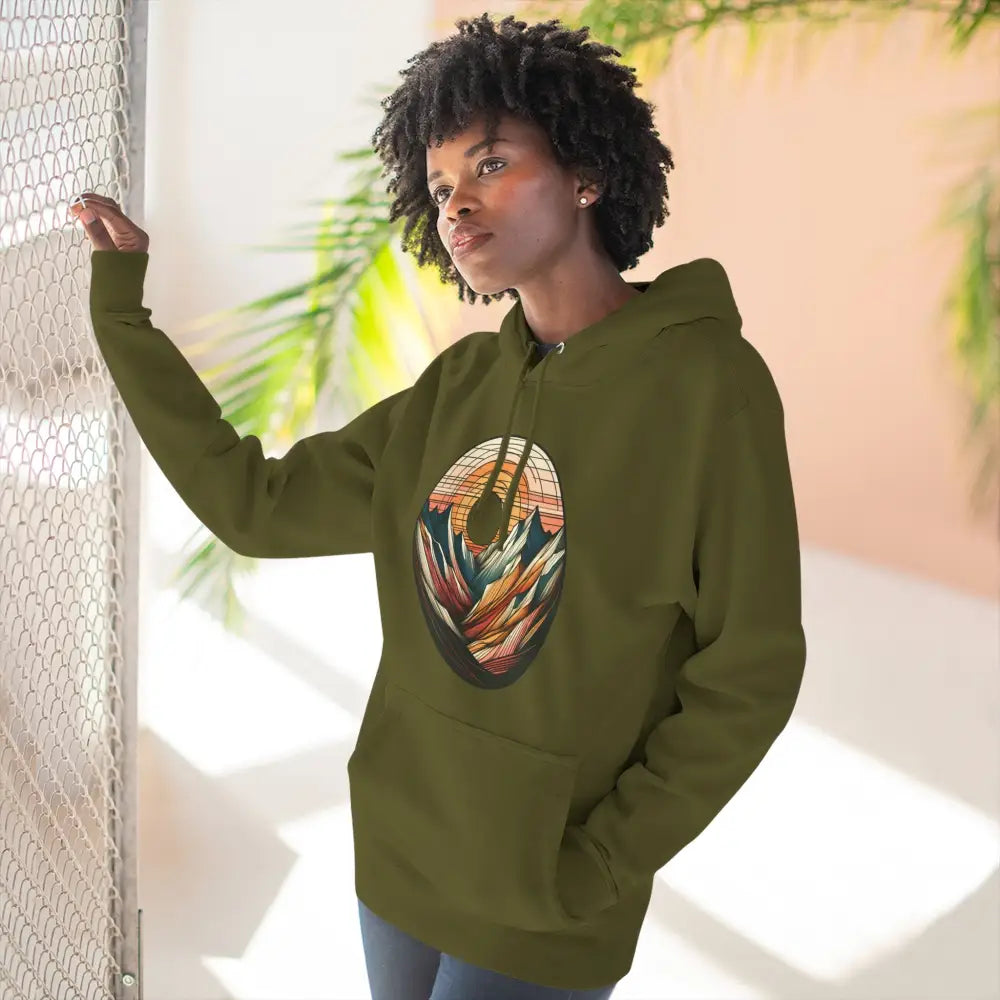 Dark olive green three-panel fleece hoodie with colorful mountain sunset graphic and kangaroo pouch pocket